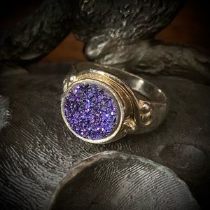 Vintage Sajen Sparkly Purple Titanium Iridescent Druzy sterling silver ring